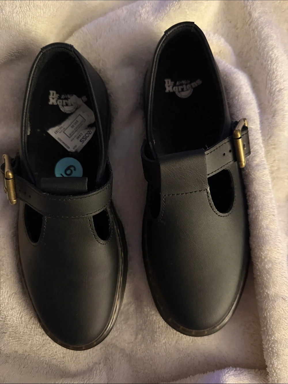 Dr. Martens Black T-Bar Mary Jane Loafers with Brass Buckle